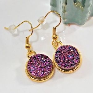 Womens Earrings Hook Dangle Drop Drusy Stone Gold